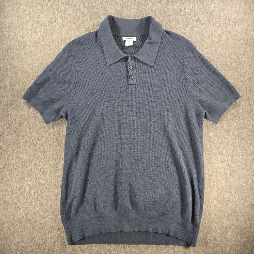 Thom Aaron Knit Polo Shirt Mens Large Blue Short Sleeve Rayon Blend Textured